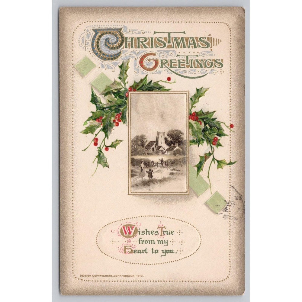 1912 John Winsch Christmas Postcard Church Scene Posted Blooming Glen PA Stamp